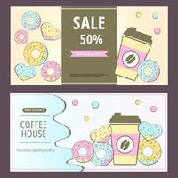 Coffee house concept. Horizontal banners for Coffee shop, Coffee house, cafe-bar. Promo sale banner.  Vector illustration for poster, banner, flyer, advertising, commercial.