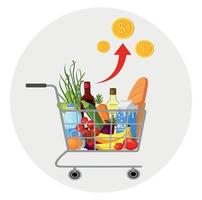 el aumento de los precios de los productos. juego de comestibles, cesta de comida. vector