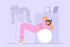 Woman doing exercises on a big fitness ball vector