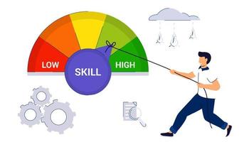 niveles de habilidad crecimiento concepto de nivelación de conocimiento profesional o educativo y desarrollo de carrera con entrenamiento de medidor de progreso, mejora de habilidades y aspiración de mejora profesional a la meta vector
