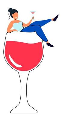 Girl on a glass of wine Happy holiday celebration with alcohol drinks festive mood and cheerful atmosphere Drunkard brain Vector illustration for booze problems, alcohol addiction, drunkard concept
