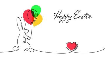 Easter Bunny Continuous One Line Drawing Bunny Minimalist Contour Illustration for Spring Design Concept Card Line Art Style Cute rabbit with air balloon shaped as egg vector