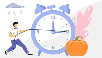 Fall Back with graphic alarm and schedule to set the clock back one hour Daylight saving time and change clock to one hour back tiny person concept Wintertime and summertime watch settings vector