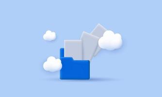 3d blue computer icon folder flying blank documents vector