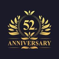 Diseño del 52º aniversario, lujoso logotipo del aniversario de 52 años en color dorado. vector