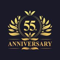 Diseño del 55 aniversario, lujoso logotipo del aniversario de 55 años en color dorado. vector