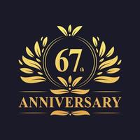 Diseño del 67 aniversario, lujoso logotipo del aniversario de 67 años en color dorado. vector