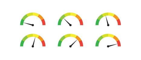 set of speedometer indicator performance gauges low to high vector icon