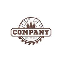 Evergreen Tree with Circular Saw Blade and Crossing Axe for Sawmill Carpentry Vintage Logo Design Vector