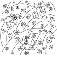 Coloring page of festive Halloween sweets, cupcakes with themed decor on the back of arcs and spiral patterns vector