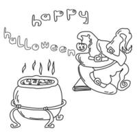 Coloring page cauldron with a potion and a stack of hats on a book, witch's hats for the holiday, an outline drawing and a thematic inscription vector