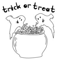 Two cute ghosts and sweets in a cauldron, Halloween coloring page and inscription trick or treat vector