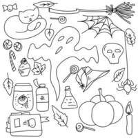 Set of outline doodles to Halloween, symbolic festive items and characters vector