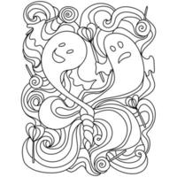 Halloween coloring page, funny ghosts and candies on the background of abstract patterns vector