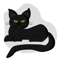 Black cat in cartoon style, cute pet lying, mystical animal with bright green eyes vector
