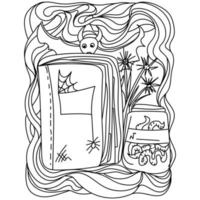 Halloween coloring page with magic book, bat and jar of worms vector