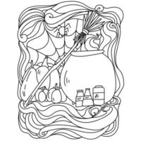 Halloween coloring page, ornate patterns with cauldron, broom and magic jars vector