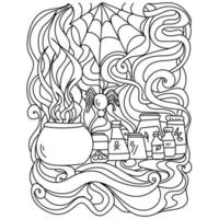 Halloween coloring page, meditative patterns, cauldron and magic potions vector