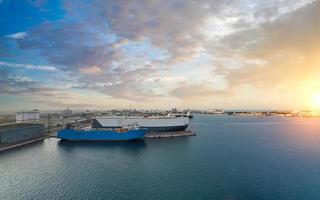 Mexico, Panoramic view of Veracruz city port wharf and cargo ships waiting at the docks. Biggest and most important port in Mexico serving international and domestic routes photo