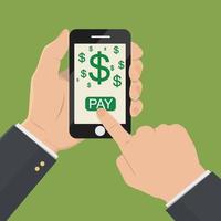 Hand touching smartphone with dollar sign on the screen. Using mobile smartphone, flat design concept. vector