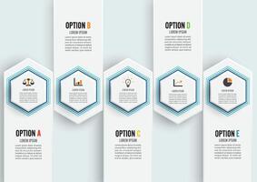 Vector infographic template with 3D paper label, integrated circles. Business concept with 5 options. For content, diagram, flowchart, steps, parts, timeline infographics.