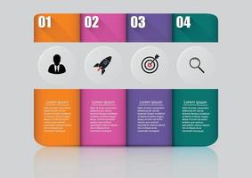 El vector de diseño infográfico y los iconos de marketing se pueden utilizar para el diseño del flujo de trabajo, el diagrama, el informe anual y el diseño web. concepto de negocio con 4 opciones, pasos o procesos.