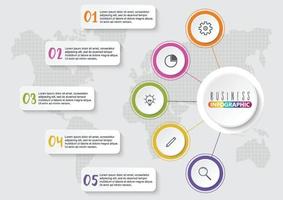 El vector de diseño de infografías y los iconos de marketing se pueden utilizar para el diseño de flujo de trabajo, diagrama, informe anual, diseño web. concepto de negocio con 5 opciones, pasos o procesos.