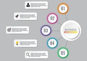 El vector de diseño de infografías y los iconos de marketing se pueden utilizar para el diseño de flujo de trabajo, diagrama, informe anual, diseño web. concepto de negocio con 5 opciones, pasos o procesos.