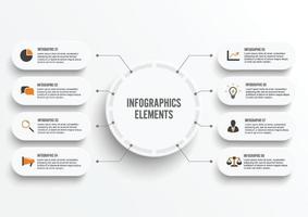 Vector infographic template with 3D paper label, integrated circles. Business concept with 8 options. For content, diagram, flowchart, steps, parts, timeline infographics, workflow, chart.