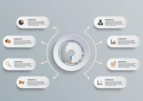 plantilla de infografía vectorial con etiqueta de papel 3d, círculos integrados. concepto de negocio con 8 opciones. para contenido, diagrama, diagrama de flujo, pasos, partes, infografías de línea de tiempo, flujo de trabajo, gráfico. vector