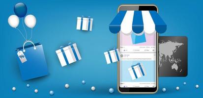 Online shopping. Digital technology m-commerce on smartphone application store. Mobile, social media, credit card, gift box, balloon, bag . Blue graphic concept. Vector illustrator.