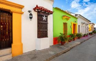 Colombia, Scenic colorful streets of Cartagena in historic Getsemani district near Walled City, Ciudad Amurallada photo