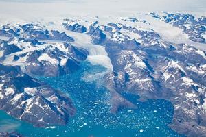 Aerial view of scenic Greenland Glaciers and icebergs photo