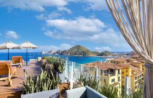 Mexico, Scenic panoramic aerial view of Los Cabos tourist destination Arch of Cabo San Lucas, El Arco, Playa Amantes and Playa del Divorcio photo