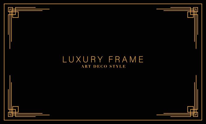 Art deco golden frames background. Vector illustration for design element, decoration, and wallpaper. Line gold vintage decorative borders isolated on black background.