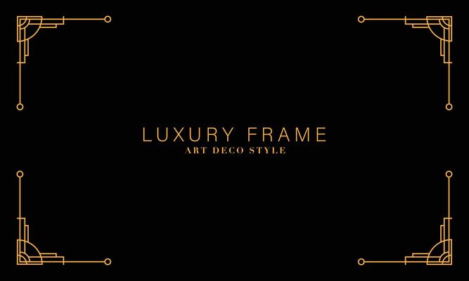 Art deco golden frames background. Vector illustration for design element, decoration, and wallpaper. Line gold vintage decorative borders isolated on black background.