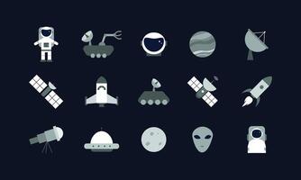 set of outer space expeditions equipment. illustration collection in flat cartoon style. colored science object in vector graphic for educational and outer space design elements.