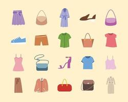conjunto de iconos de ropa de mujer, diseño de ilustración dibujado a mano de dibujos animados. vector
