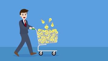 Animation of businessman buy ideas with shopping cart. video