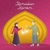 Ramadan greeting card. Men and Women Muslim holding lanterns. Ramadan Kareem Islamic background modern template. Glorious month of Muslim year. Vector illustration