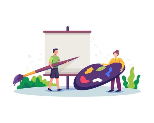 Artists painting on canvas flat illustration