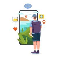 Man stand in front of smartphone screen holding map and backpack vector