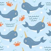 Vector seamless pattern Cute narwhal