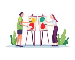 Artists painting on canvas flat illustration vector