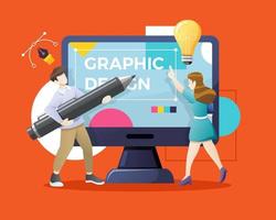 Designers or illustrators working together on giant computer display vector