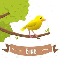 Illustration of cartoon yellow bird. A yellow bird cartoon character sitting on a branch. Small yellow bird, canary, vector illustration