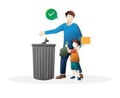 Father and little son throwing garbage into a trash can together vector