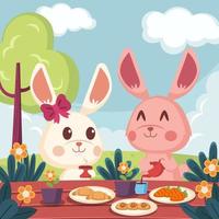 Cute Bunnies Lunch in Easter Day Concept vector