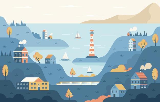 Ukiyo-e Village Coast Scenery Flat Design 6902575 Vector Art at Vecteezy