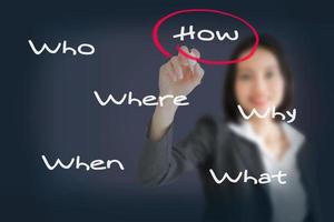 Beautiful businesswoman analyzing problem and find solution by writing question what, where, when, why, who and how photo